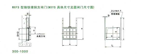 MXFS-300到MXFS-1000明杆双止水铸铁镶铜方闸门安装结构图